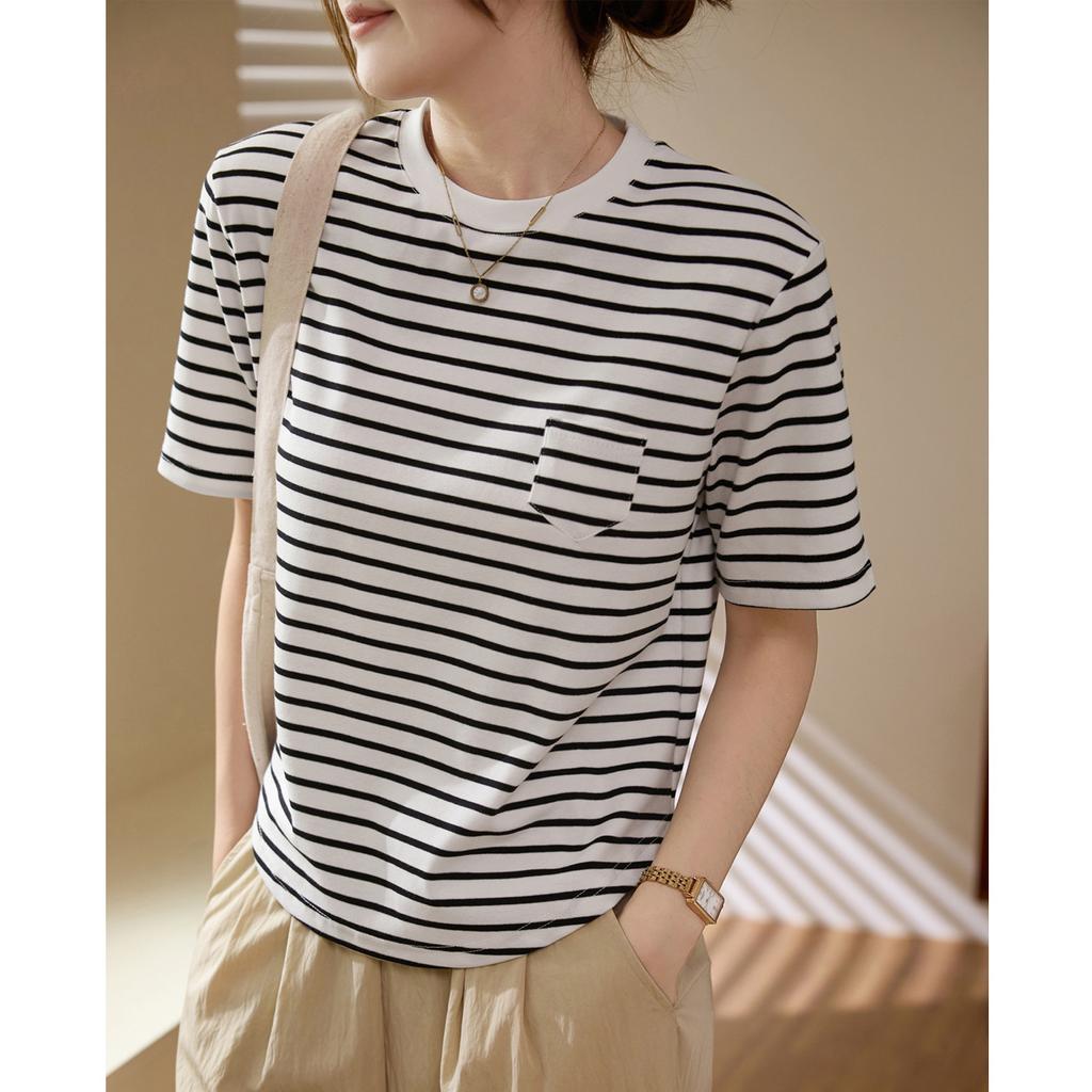 Pure Cotton Striped T-shirt for Women's Summer New Curved Loose Casual Short-sleeved Top