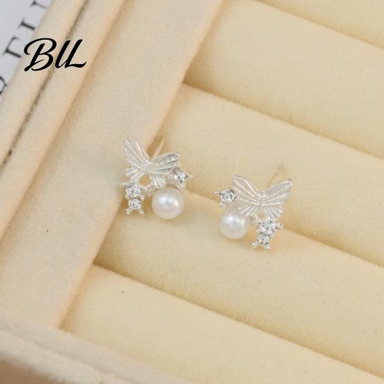 Delicate Butterfly Wing Earrings 1 Pair Stud for Women, Sparkly Rhinestone Faux Pearl Light Luxury Earrings, Glitter Cubic Zirconia Jewelry