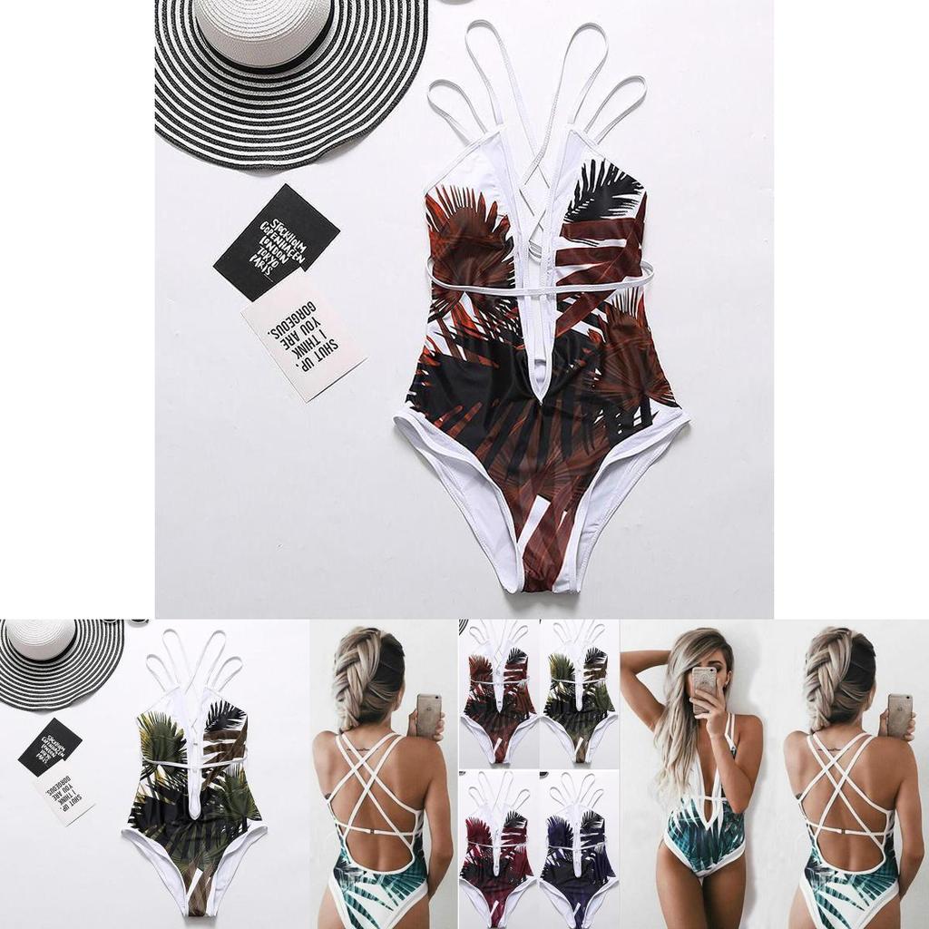 Women Elegant Floral Print Deep V Neck Backless Bandage Bathing One Piece Swimsuit