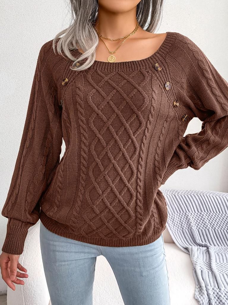Women Warm Knitted Sweater Autumn Winter Casual Square Collar Studded Button Twist Knit Pullover Jumpers