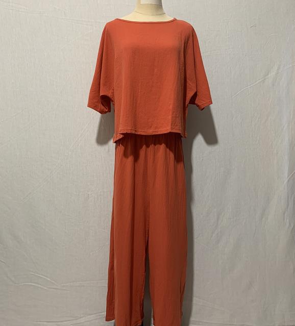 2023 Европейский и американский женский льняной повседневный свободный однотонный комплект из двух предметов