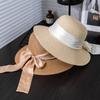 Elegant Women's Sun Hat with Bow & Faux Pearl Accents - Breathable, Wide Brim Straw Bucket Cap for Summer