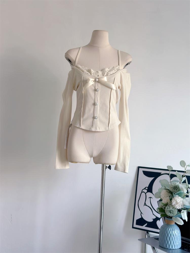 Винтажные футболки из двух предметов для девочек Mori Girl, женские кружевные лоскутные укороченные топы с милым бантом, женский эстетический однотонный пуловер Kawaii, новый