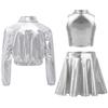 Metallic Shiny Jacket Set for Girls: Turn-Down Collar Long Sleeve Coat with Turtleneck Tank & High Waist A-Line Skirt