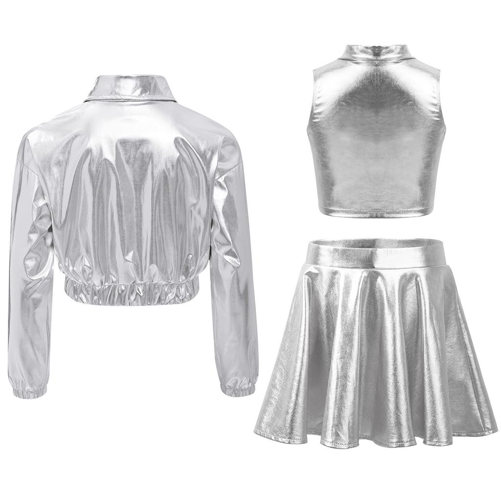 Metallic Shiny Jacket Set for Girls: Turn-Down Collar Long Sleeve Coat with Turtleneck Tank & High Waist A-Line Skirt
