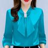 Spring and Summer Satin Shirt Women's Korean Fashion Glossy Top Premium Bow V-Neck Long Sleeve Shirt Plus Size