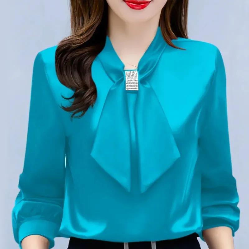 Spring and Summer Satin Shirt Women's Korean Fashion Glossy Top Premium Bow V-Neck Long Sleeve Shirt Plus Size