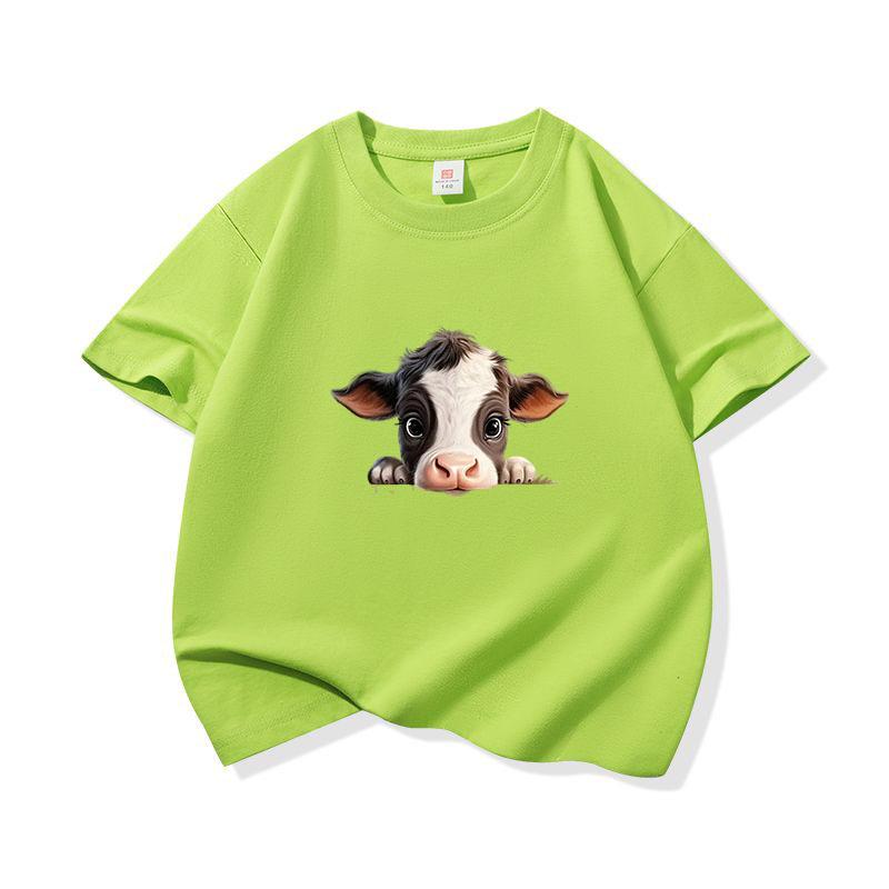 Kids Pure Cotton T Shirt Black And White Baby Cow Peeking Print Crew Neck Short Sleeve Tee Casual Boys Girls Summer Tops