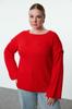 Женский модный стильный свитер больших размеров, красный вязаный свитер с вырезом лодочкой и детальной строчкой