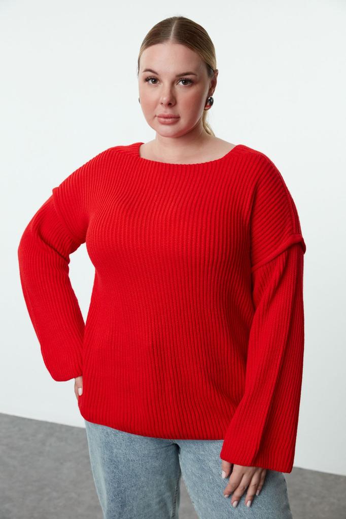 Женский модный стильный свитер больших размеров, красный вязаный свитер с вырезом лодочкой и детальной строчкой