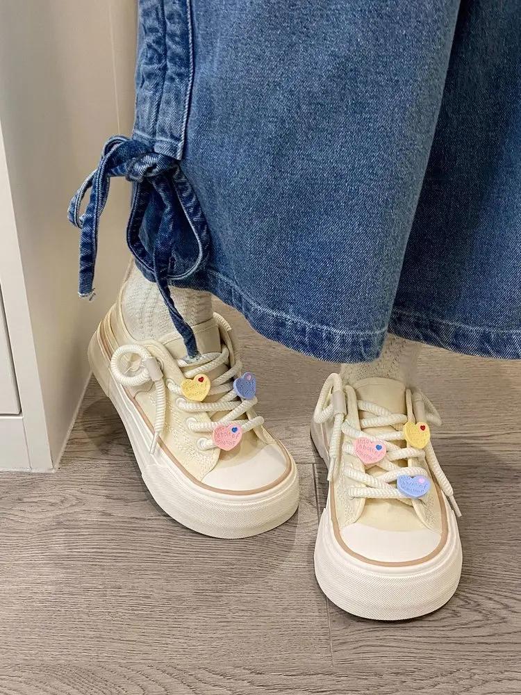 Fashion Women 2024 New Ugly and Cute Two Wearing Canvas Shoes Korean Round Head Thick Sole Student OffWhite Shoes Lace-up