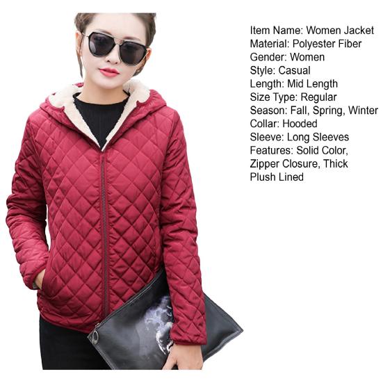 Winter Women Jacket Hooded Zip-up Long Sleeves Thick Plush Lined Solid Color