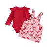 Baby Girl Valentines Day Outfit Solid Ribbed Ruffle Long Sleeve Romper Heart Bow Print Overall Dress 2 Pcs Set