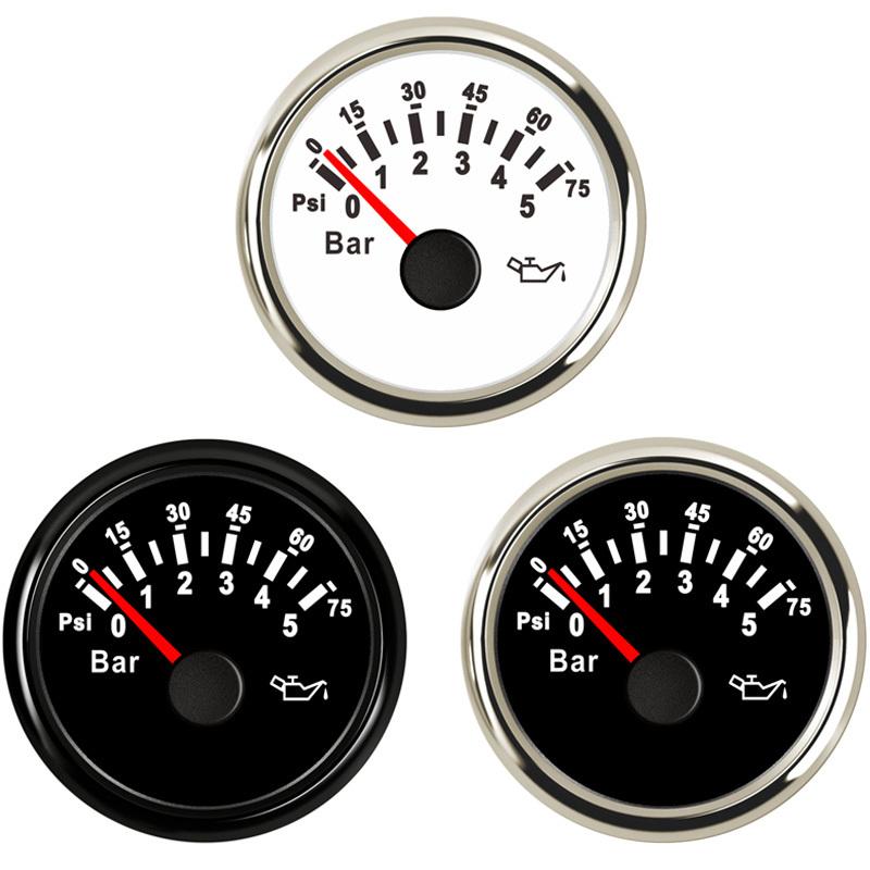 Авто 52 мм 0-5 Бар Манометры давления масла Лодка 0-75 Psi Черные Манометры давления масла 10-184 Ом Входной сигнал 9-32 В Рабочее напряжение