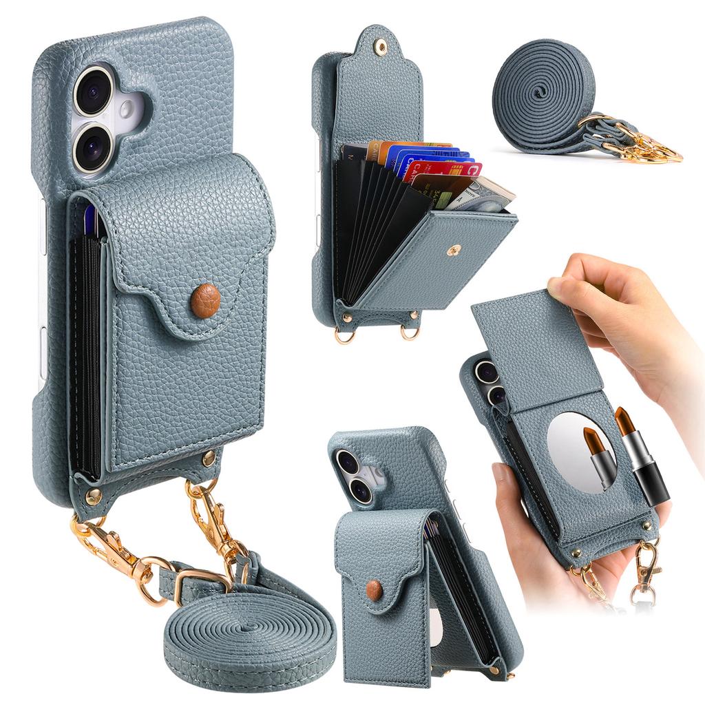 Чехол для iPhone 16 с зеркалом, держателем для карт, кожаной задней крышкой телефона с текстурой личи и длинным ремешком