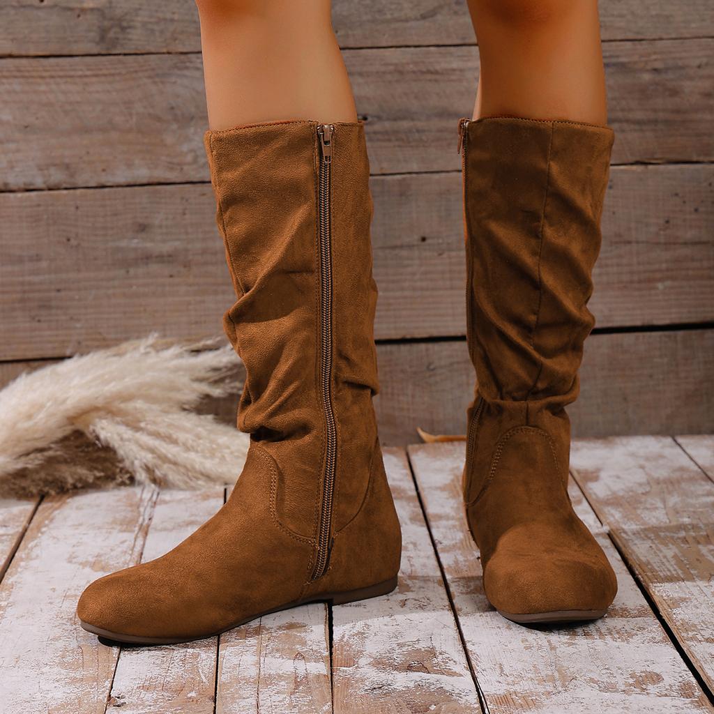 Женские осенне-зимние новые замшевые ботфорты с плиссировкой Большого размера 36-43 Боковая молния Винтажные с круглым носком До колена Длинные ботинки Низкий каблук Розовый