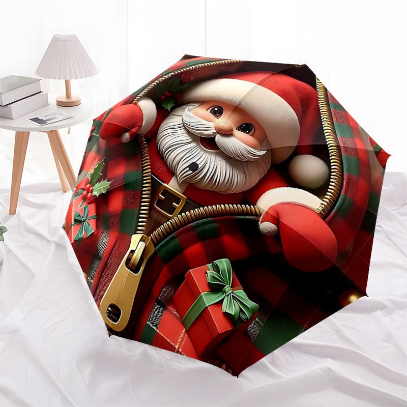 1pc Plaid Zipper Santa Claus Design Automatic Opening Umbrella, Portable Tri-Fold Design with 8-Bone Iron Frame, Perfect for Outdoor Use, Festive Gift