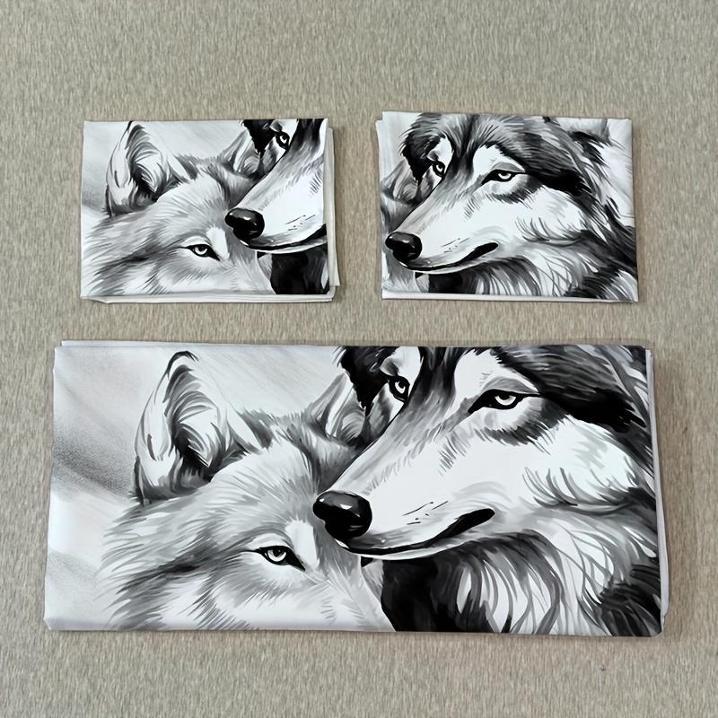 3 шт. Пододеяльник с рисунком тушью «Волк», Удобная ткань 100% полиэстер, 1 пододеяльник, 2 наволочки, без наполнителя, на четыре сезона