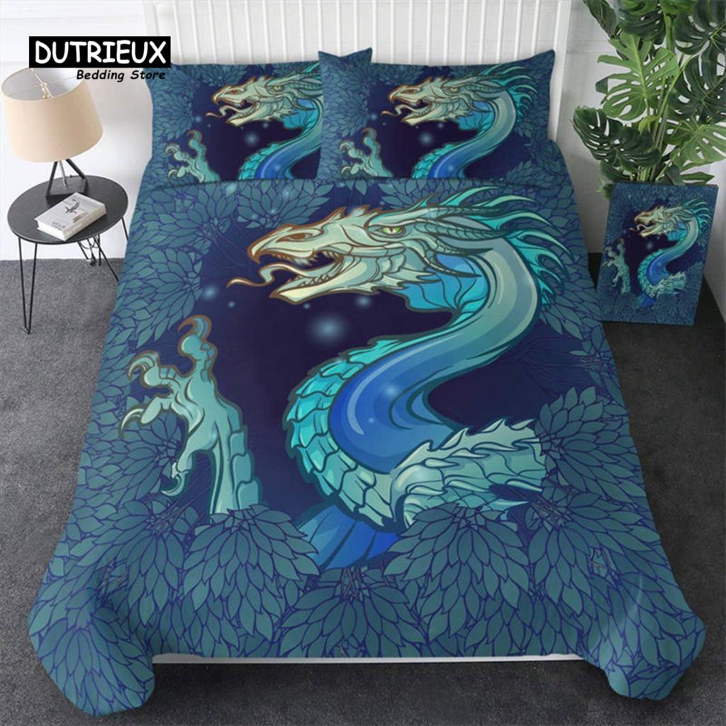 Пододеяльник с 3D-драконом из микрофибры Blue Clouds Twin, комплект постельного белья, китайский исторический восточный дракон, чехол с наволочками