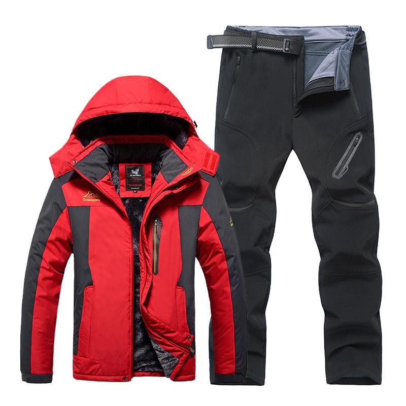 Plus Size 9XL Outdoor Jacket Pants Suit Men's Winter Plus Velvet Thickened Mountaineering Suit Jacket Pants Including Belt Suit