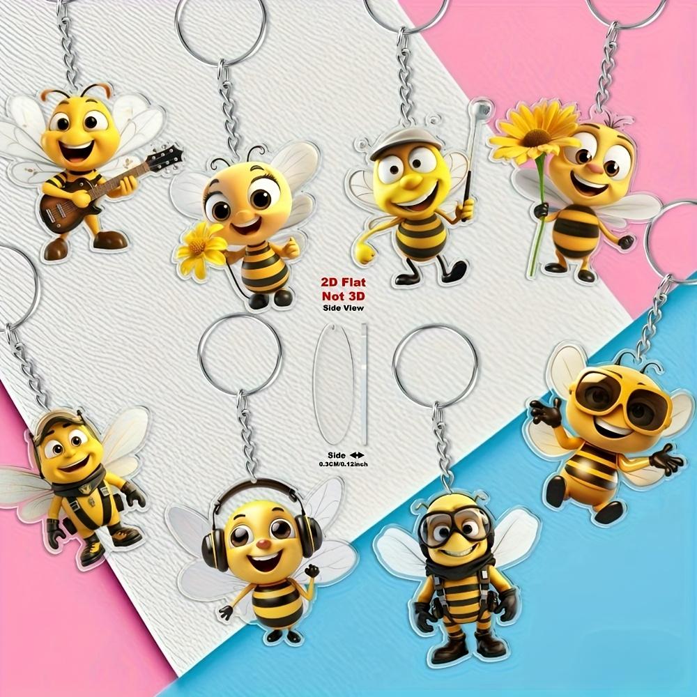 2D Flat 8-piece Bee Keychain, Cute Cartoon Bee Theme Keychain, Decorative Pendant.