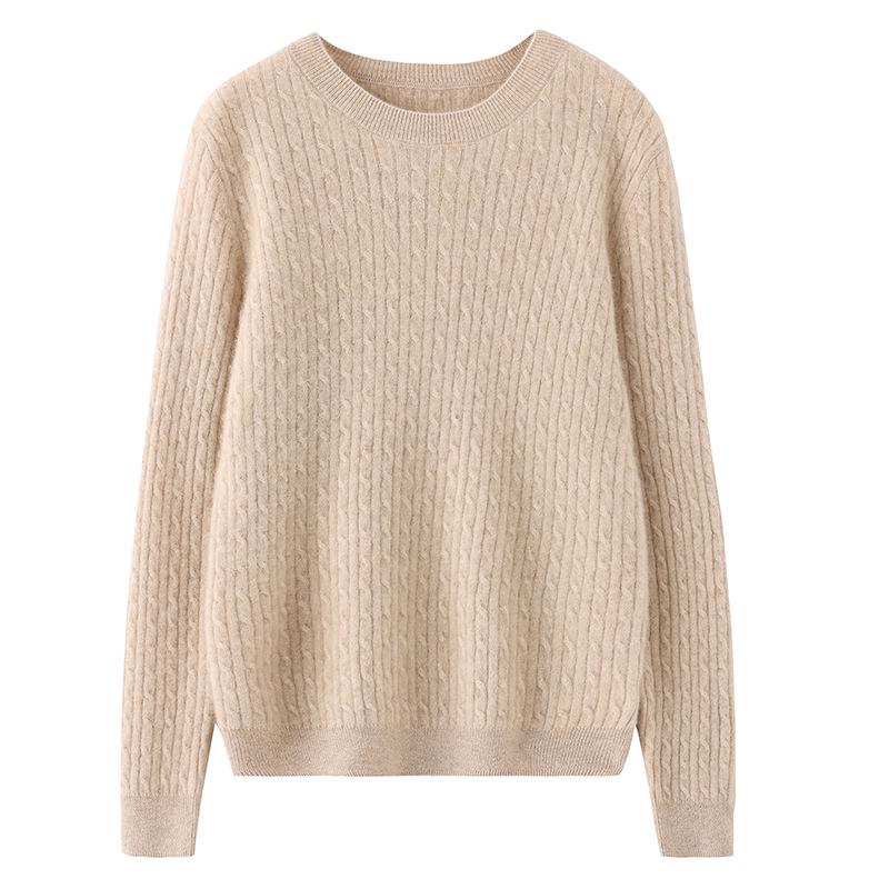 Women's 100% Cashmere Cable Knit Sweater: Winter 2026 Loose Pullover with Round Neck and Long Sleeves