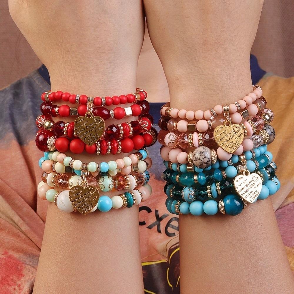 Crystal Women Bangle Set Ethnic Style Multi-Layer Bracelets Vintage Bohemian Beads Bracelet Women