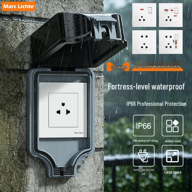 Concealed IP66 Waterproof 16A Outdoor Power Supply with American & Thai Standard 3 & 6 Holes, USB-C Fast Charging, and Waterproof Cover