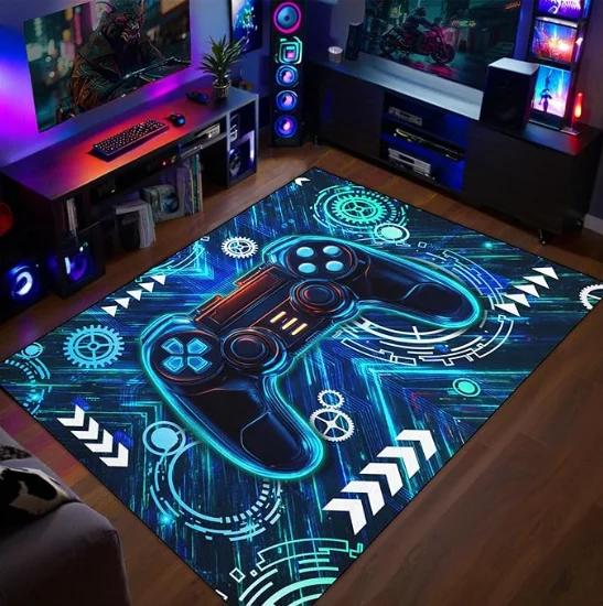 VIKAMA Blue Gaming Area Rug, Non-slip Soft Floor Carpet, Video Game Theme Decor Mat for Gamer Bedroom, Playroom & Living Room