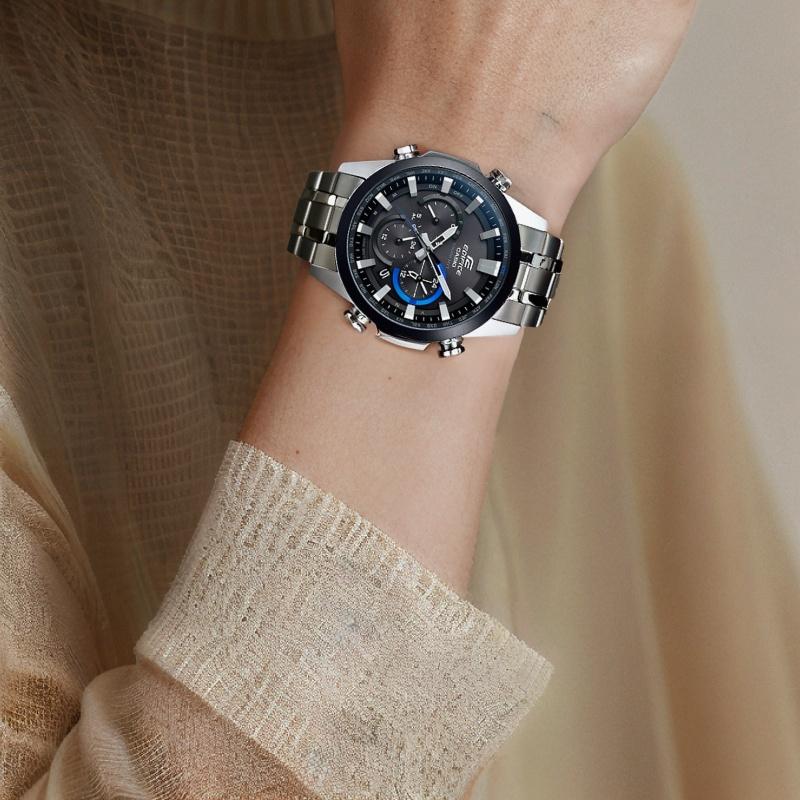 Casio EDIFICE Solar Quartz Movement Stainless Steel Strap Japanese and Korean Watch Men's Watch Black Dial EQW-T630YDB-1A