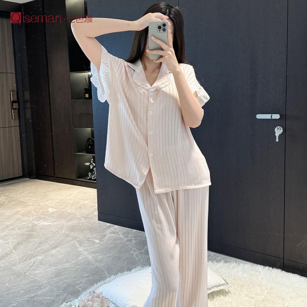 Acetate forging short-sleeved trousers pajamas set, women's summer can wear satin ice silk loungewear, high-end lace pajamas