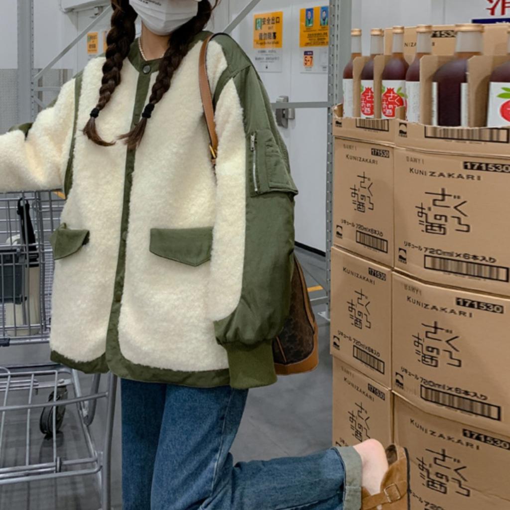 Fake Two-piece Lamb Wool Coat for Women In Winter New Style Gentle and Lazy Style Niche Design Short Baseball Cotton Jacket