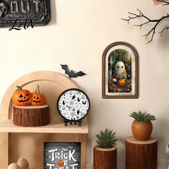 Decorative Shelf Ghost Art Halloween Wall Decor, Cute Table Sign, Vintage Arch Framed Tabletop Decoration Picture, for Mantel Living Room Bedroom