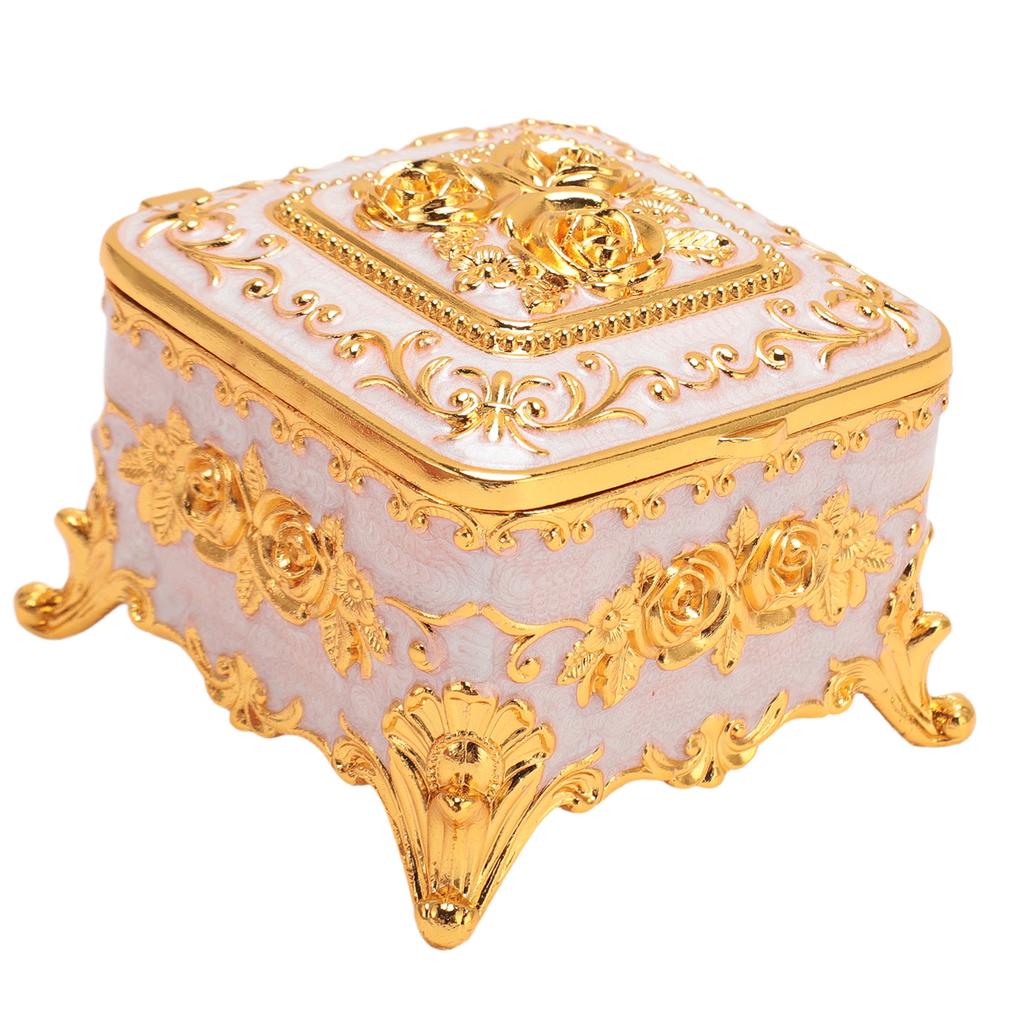 European Style Vintage Metal Jewelry Box Square Decorative Trinket Jewelry Storage Box for Earrings Necklaces White