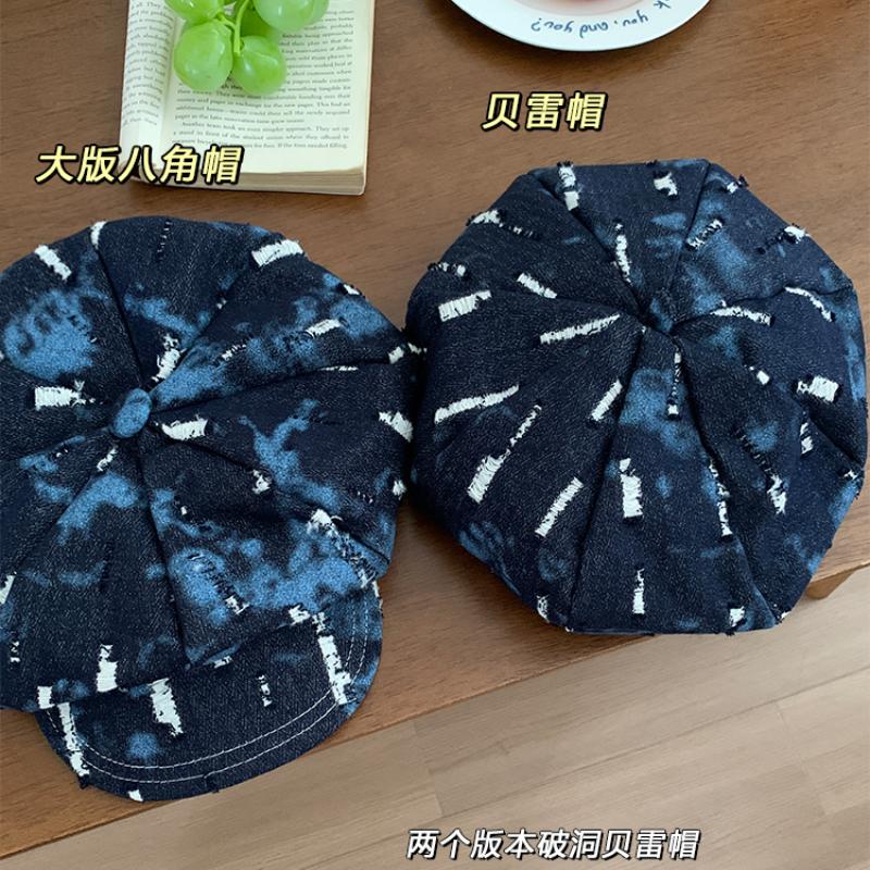 Ins Korean Washed Denim Octagonal Hats for Women Summer Autumn Casual Versatile Show Face Small Retro Hole Design Cloud Berets