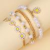 4 Pcs Women Bracelet Set Adjustable Length Hollow Out Chain Faux Pearl Flower Polished Stainless Lightweight Bohemian Bangle Wrist Jewelry