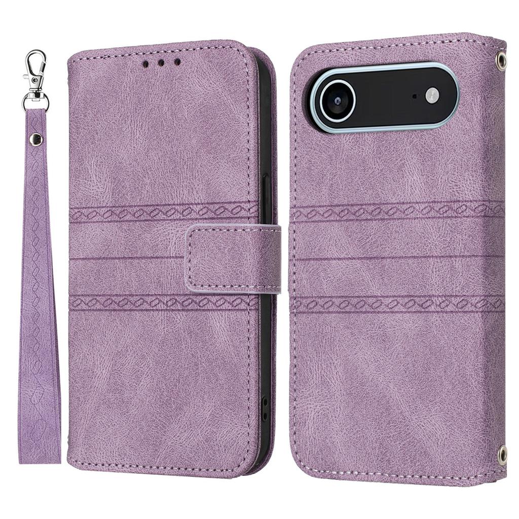 For iPhone 17 Air Case Wallet Skin-Touch Leather Imprinted Phone Cover with Wrist Strap
