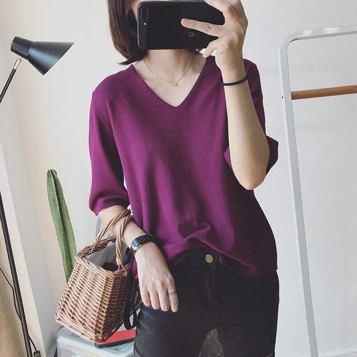 2025 Summer V-Neck Knit Short Sleeve Women's Slimming Top