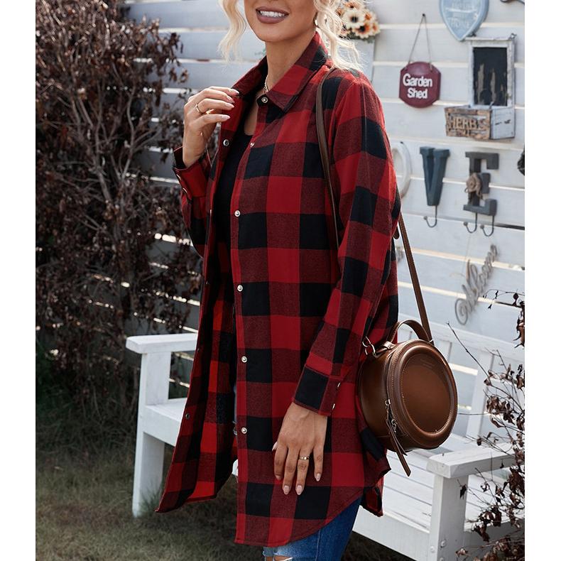 Клетчатая рубашка, пальто, женская куртка средней длины, осеннее пальто с длинными рукавами и карманами на пуговицах