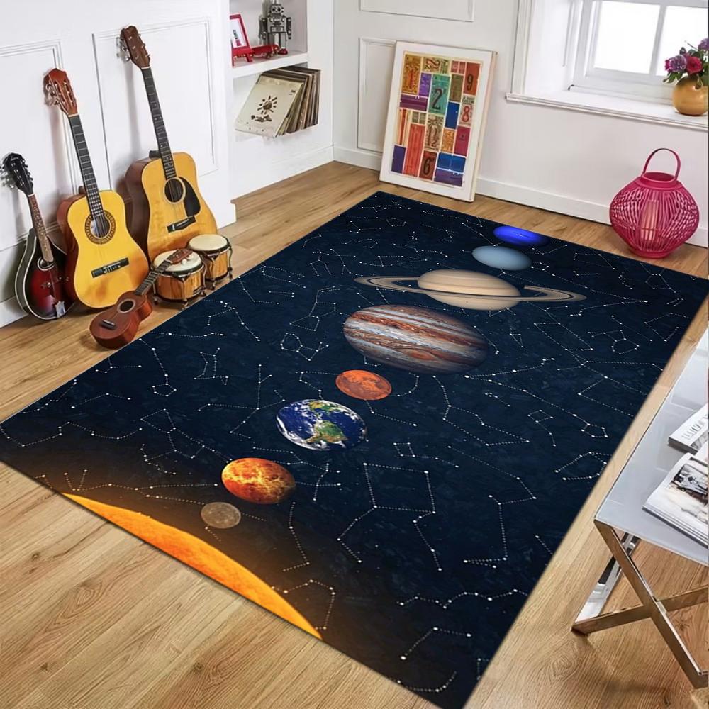 Black Background Planets with Orbits Universe Pattern Carpet Space Decor Non-Slip Soft Mat for Living Room Bedroom