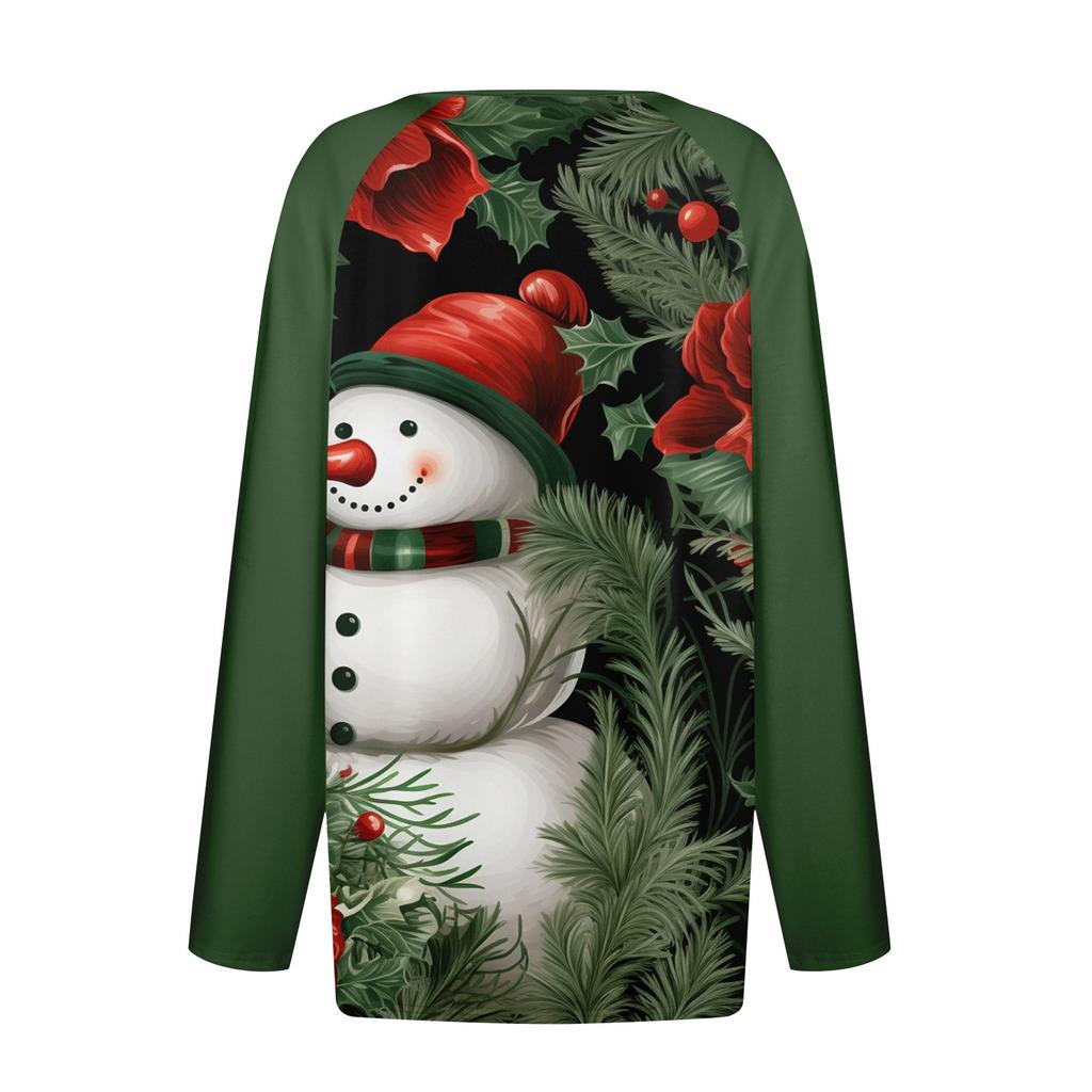 Женская мода повседневная рождественская печать V-образный вырез рукава реглан с декоративными пуговицами длинный рукав футболка топ