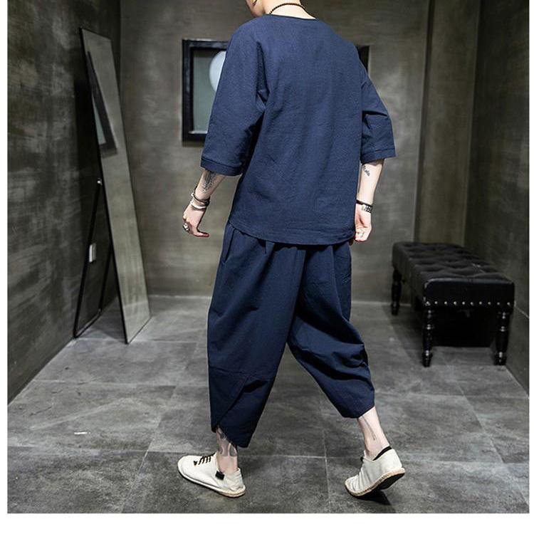 Men's Linen 7-point Short-sleeved T-shirt Two-piece Chinese Style Cotton and Linen Men's Clothing Plus Size