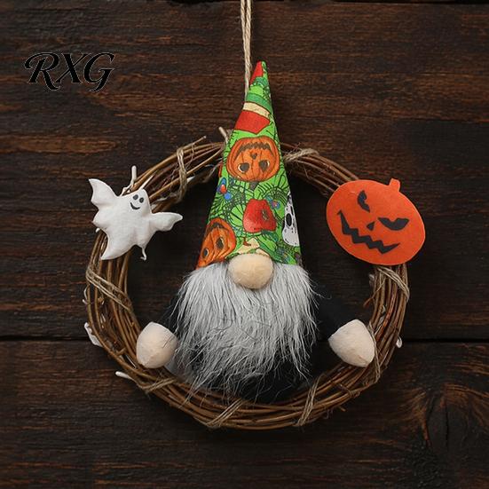 Festive Pumpkin Ornament Halloween Gnome Wreath, Faceless Rattan Rustic Hanging Decoration Door with Ghost for Front Wall Holiday Party Decor Indoor