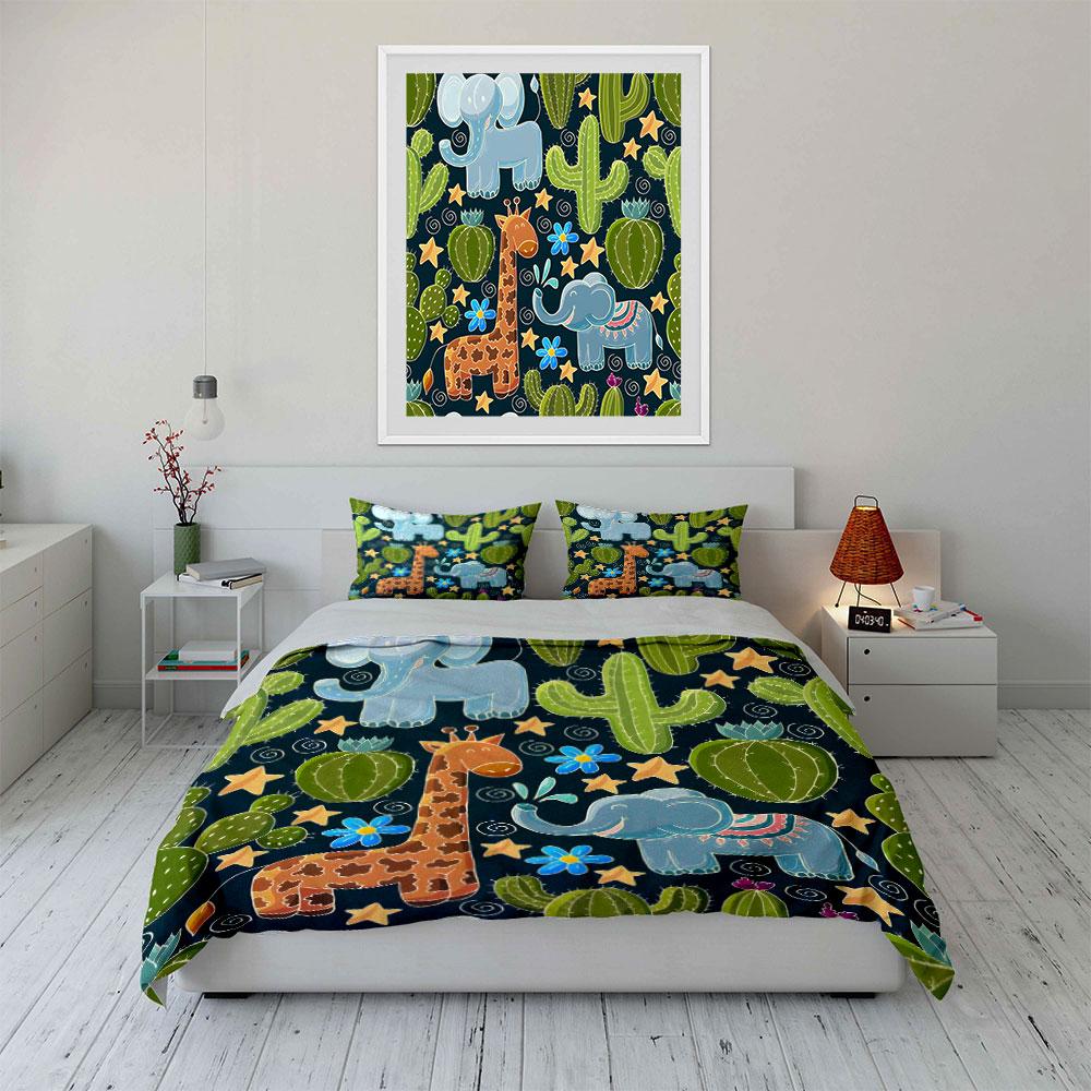 Cartoon Safari Animals & Cactus Bedding Duvet Cover Set (1*Duvet Cover 2*Pillowcases, without duvet insert)