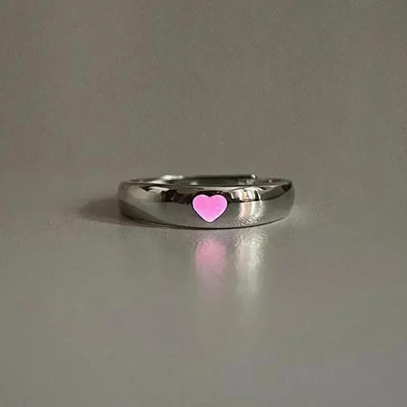 Glow in Dark Ring Luminous Blue Pink Light Love Heart Ring Couples Girls Silver Color Jewelry Adjustable Size New Fashion Rings