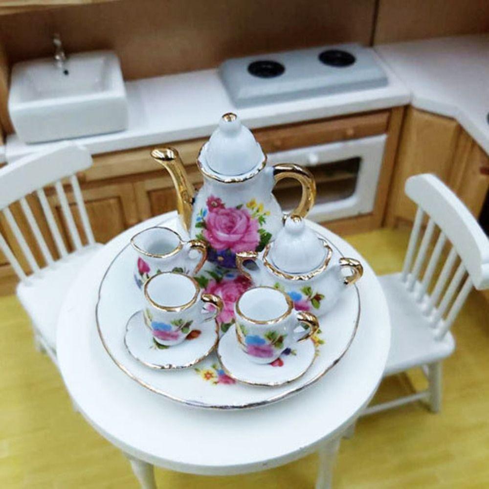 Floral Print Doll Porcelain Tea Set Dish Plate Miniature Cups Pot Pretend Play