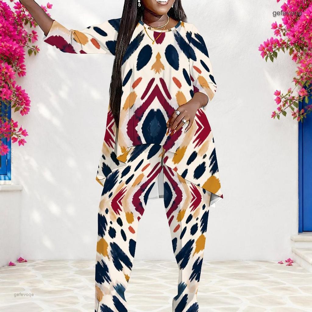 Women Plus Size Two Piece Pants Set Round Neck Three Quarter Sleeve Printed Layered Top And Long Pants