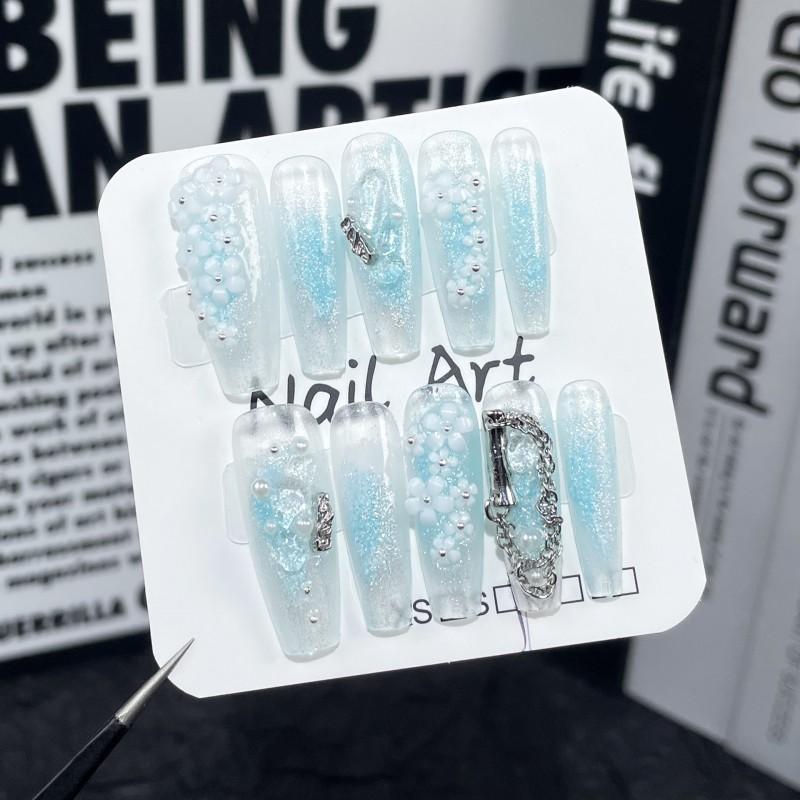 Handmade Press-On Nails Long Coffin Shape With Ocean Blue Ombre Floral Design Sparkle Glitter Women