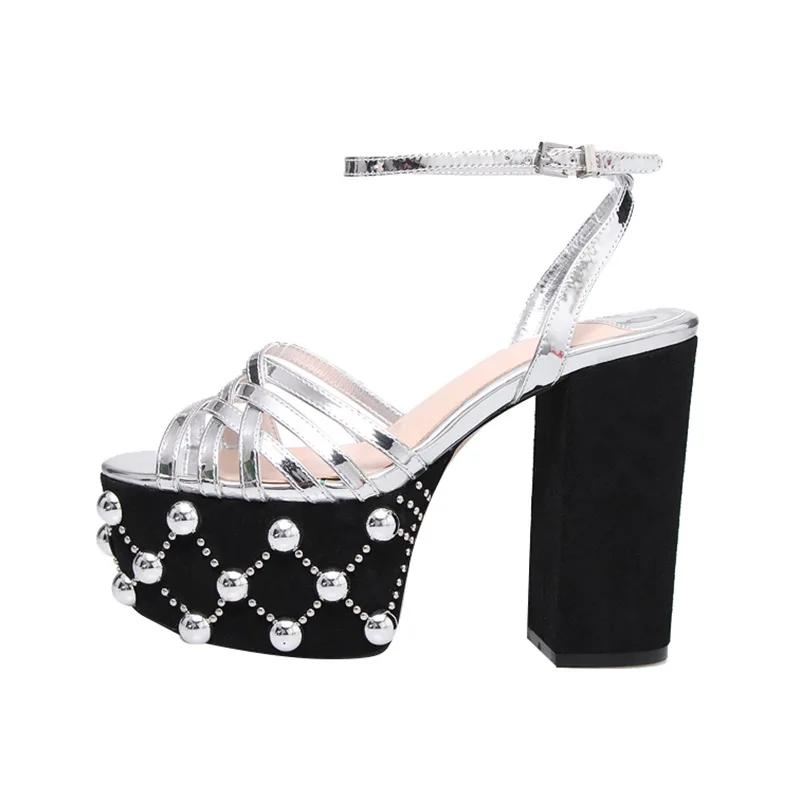 Модный Роскошный Бренд Женские Летние Модные Металлические Сандалии на Платформе Большие 34-42 Супер Высокий Каблук Толстая Подошва Заклепки Вечеринка Женская Обувь