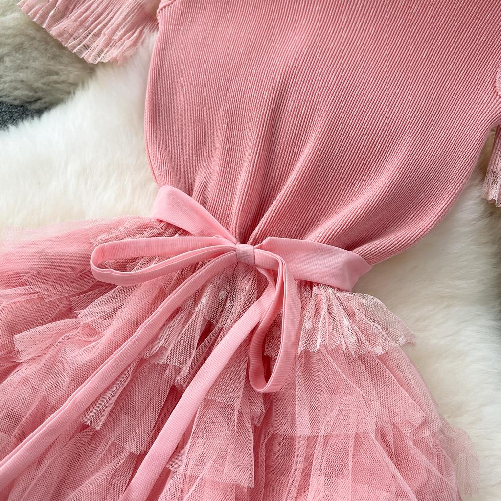 Nomikuma French Women Sweet Mesh Cake Dress Tie Up Waist Slimming Mid Length Elegant Long Cake Dresses 2024 Summer New Vestidos